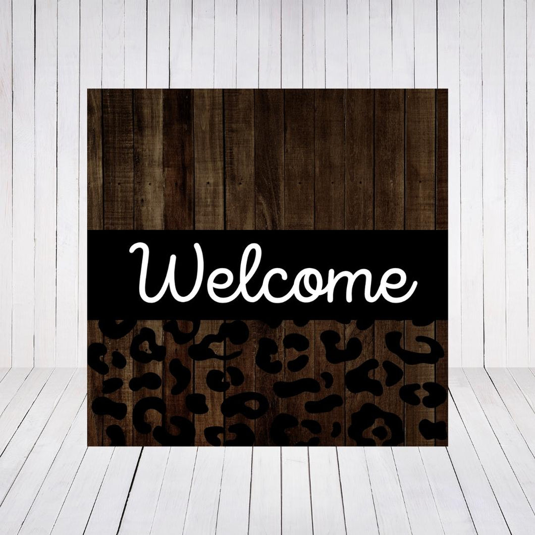 Welcome Leopard Print Wood Print- 12x12 Square
